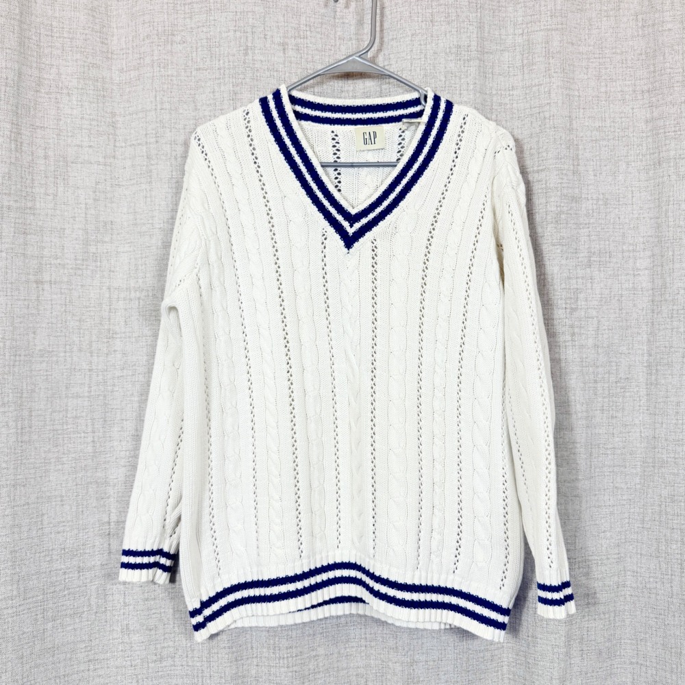 Gap V-Neck Cable Knit Sweater Sz M Cricket Preppy Coastal Tennis 100% Cotton